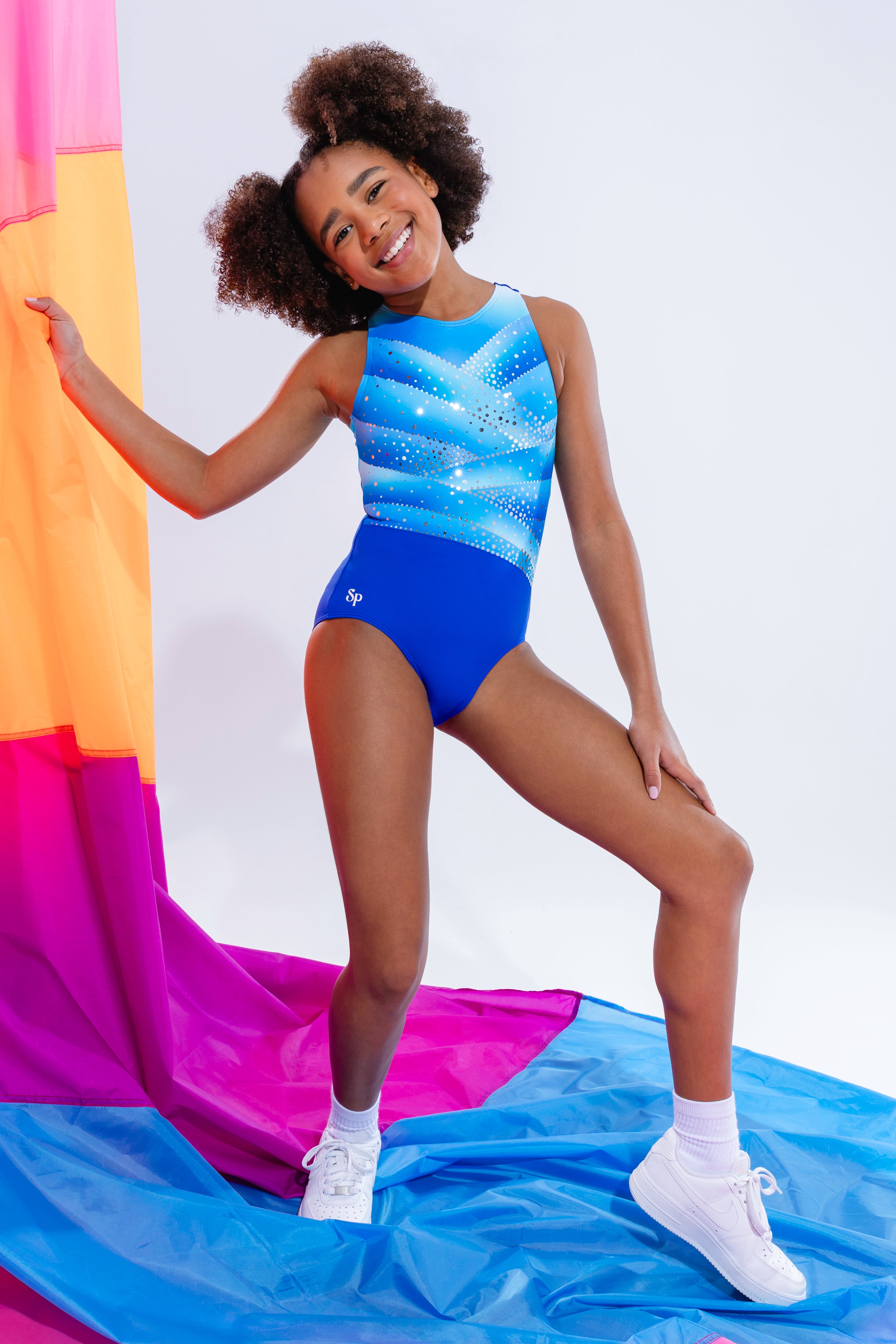 Sylvia P Blue Raspberry Gymnastics Leotard In Blue Ombre, Silver Mirror Sequins, Front Detail View.