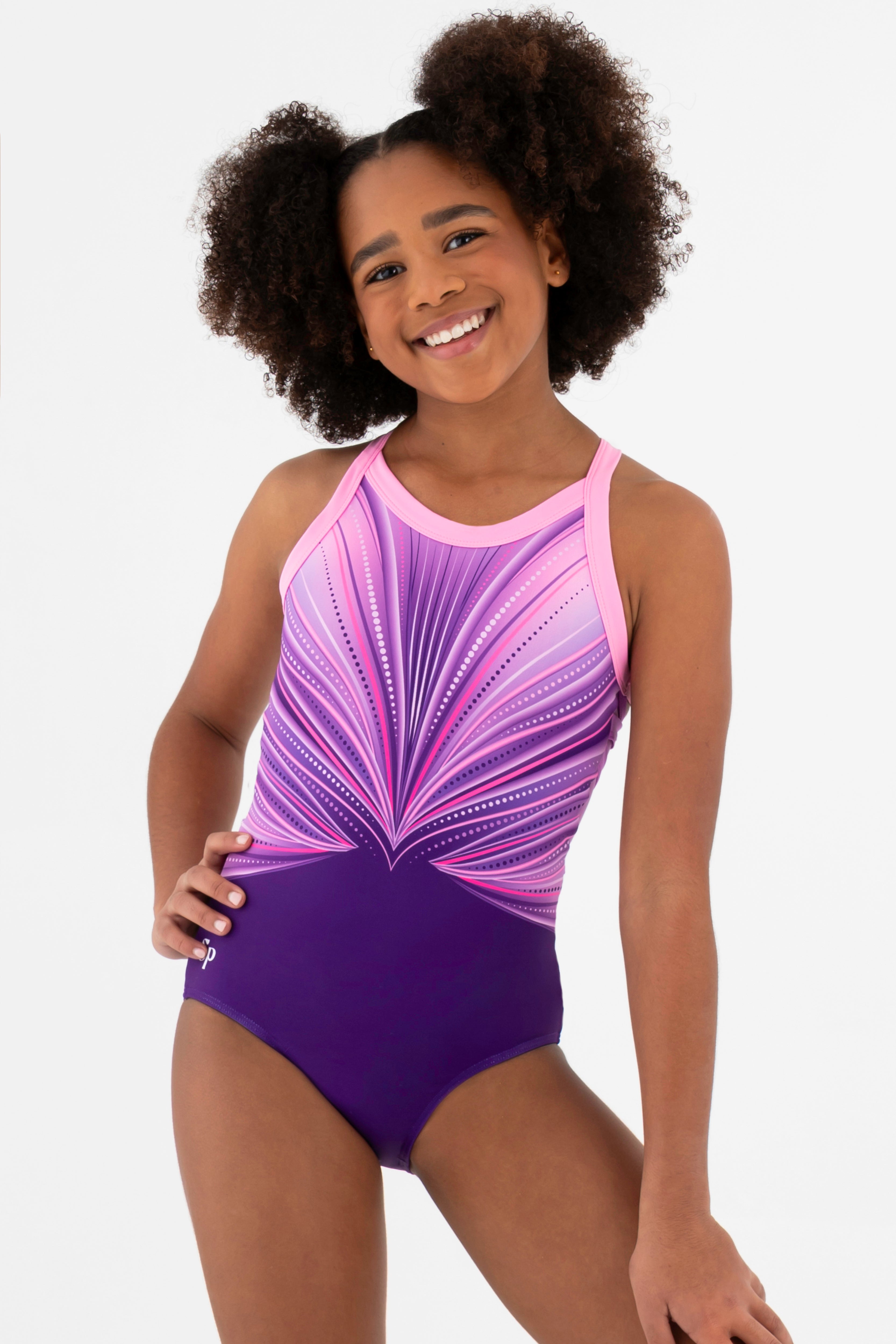 Sylvia P Gemstone Gymnastics Leotard In Purple Ombre Print, Scoop Neckline and Criss Cross Straps, Close Up.