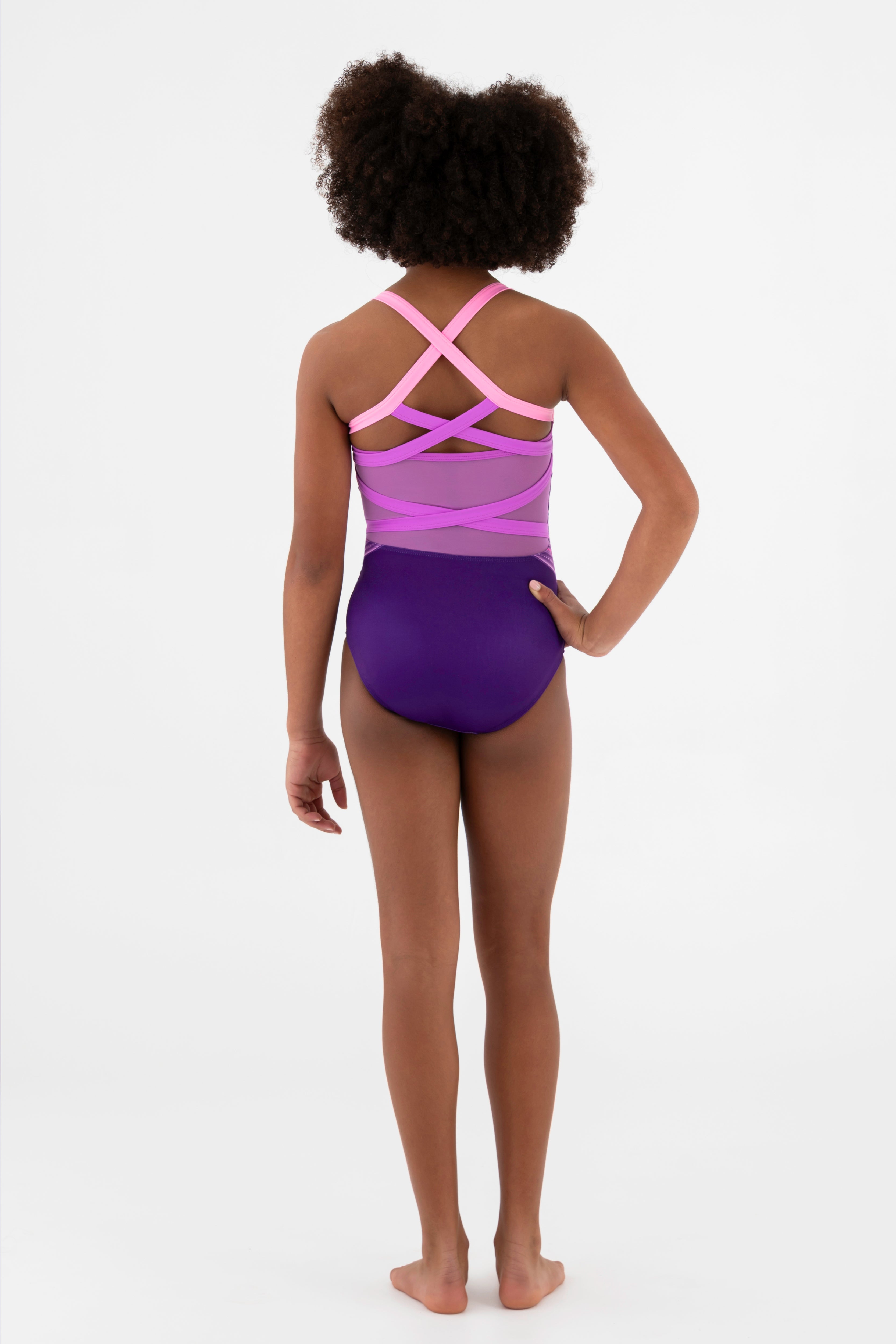 Sylvia P Gemstone Gymnastics Leotard In Purple Ombre Print, Scoop Neckline and Criss Cross Straps, Back View.