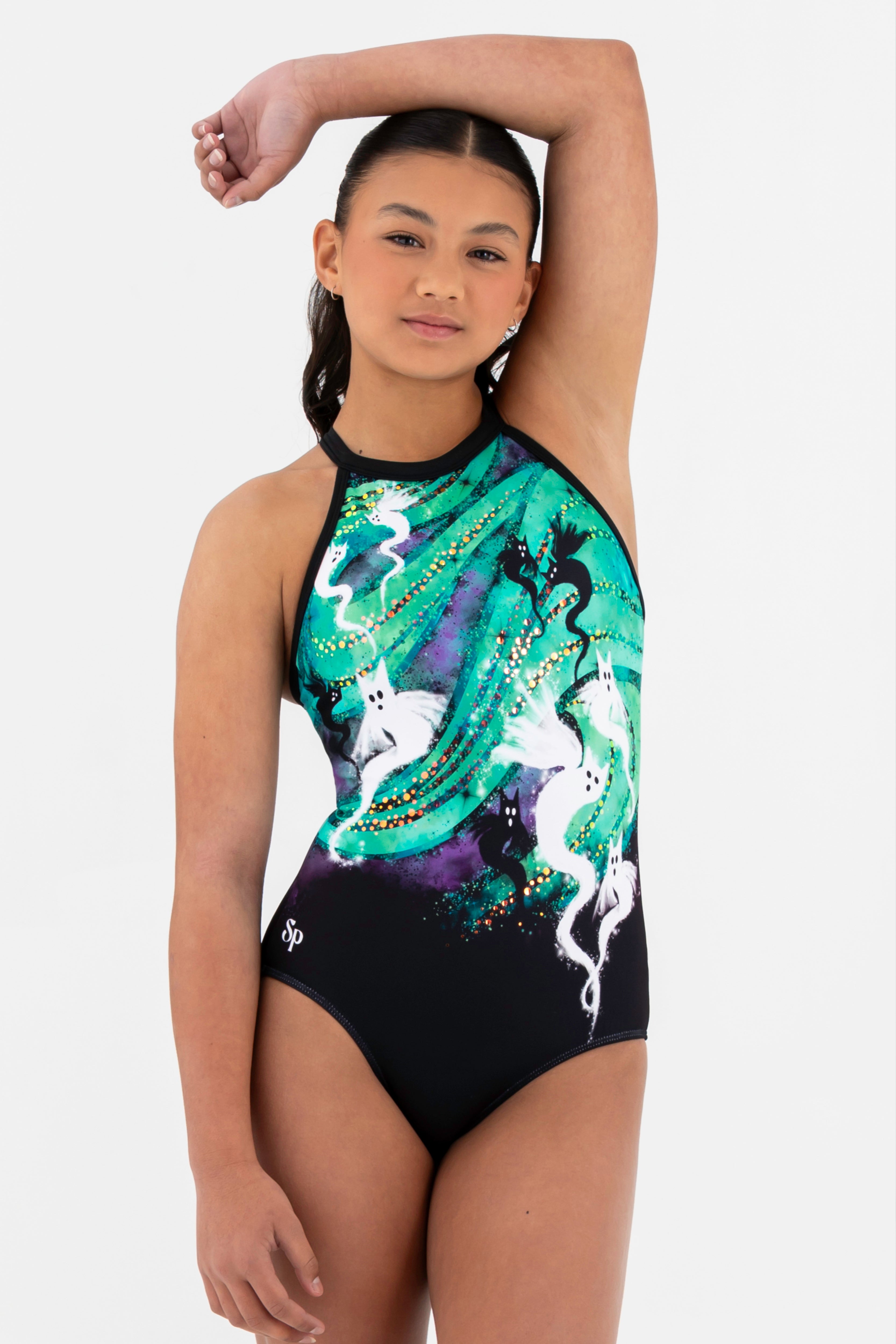 Sylvia P Hocus Pocus Gymnastics Leotard In Limted Edition Spooky Print, High Halter Neckline, Front Up Close View.