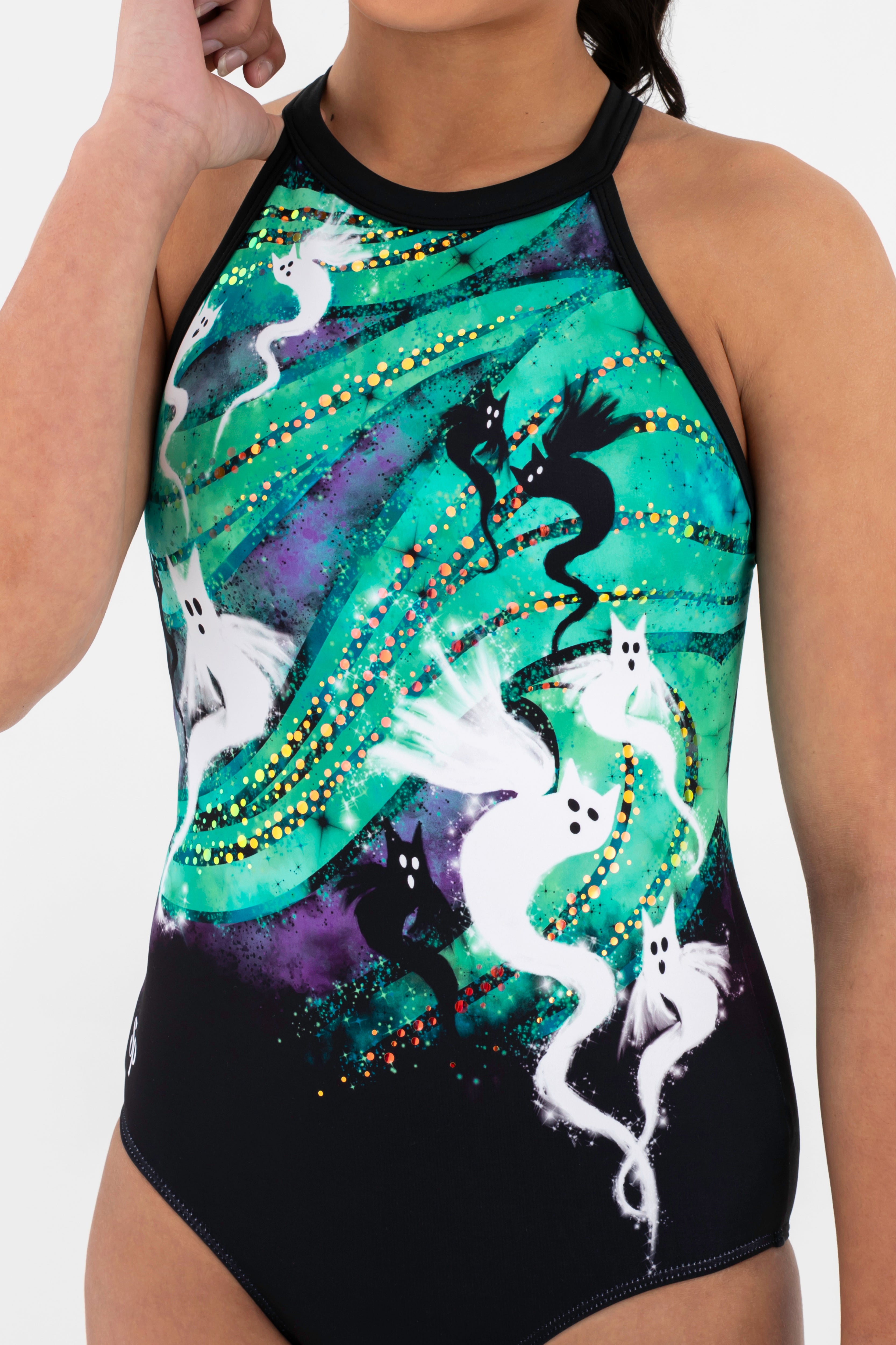Sylvia P Hocus Pocus Gymnastics Leotard In Limted Edition Spooky Print, High Halter Neckline, Close Up.