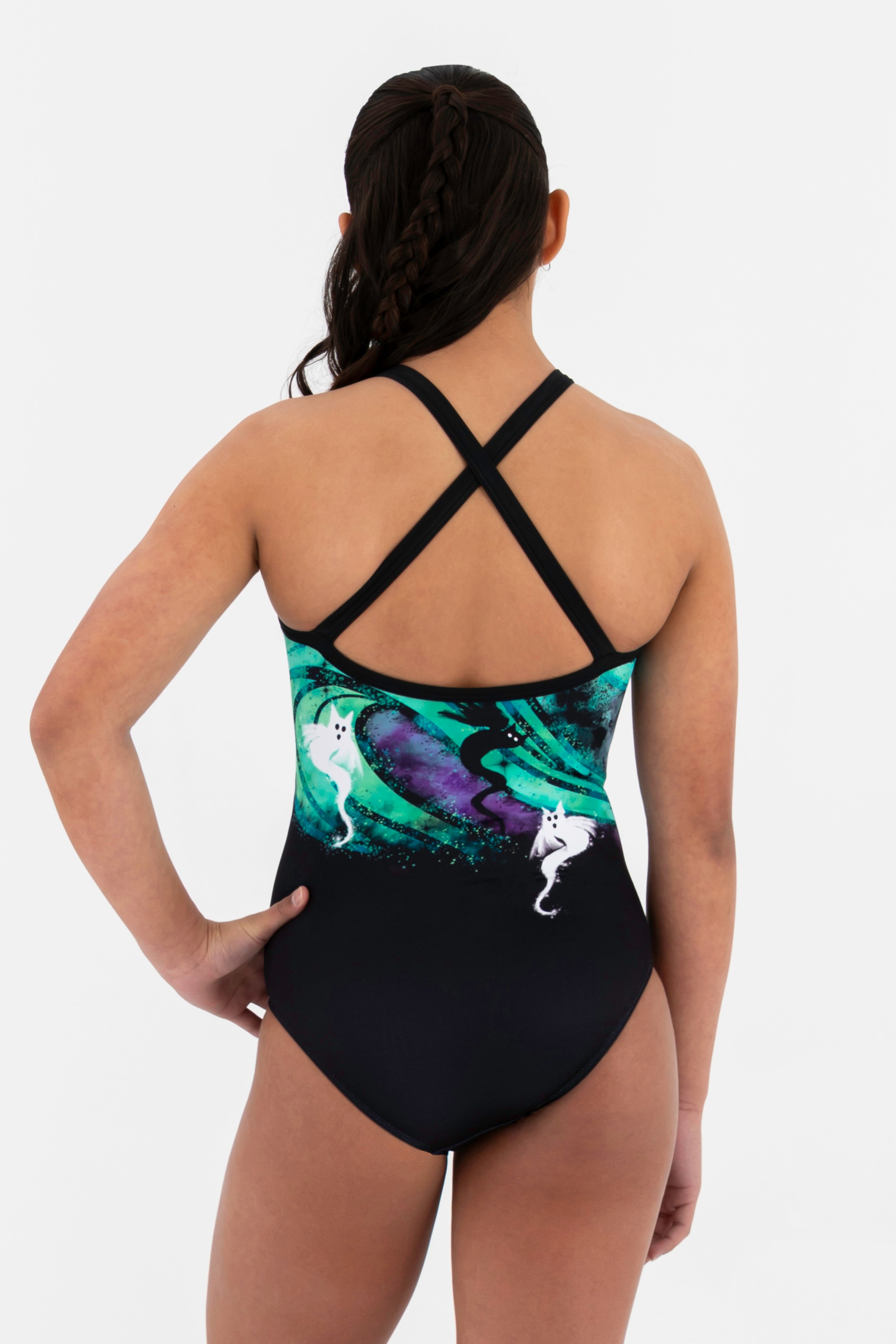 Sylvia P Hocus Pocus Gymnastics Leotard In Limted Edition Spooky Print, High Halter Neckline, Back View.