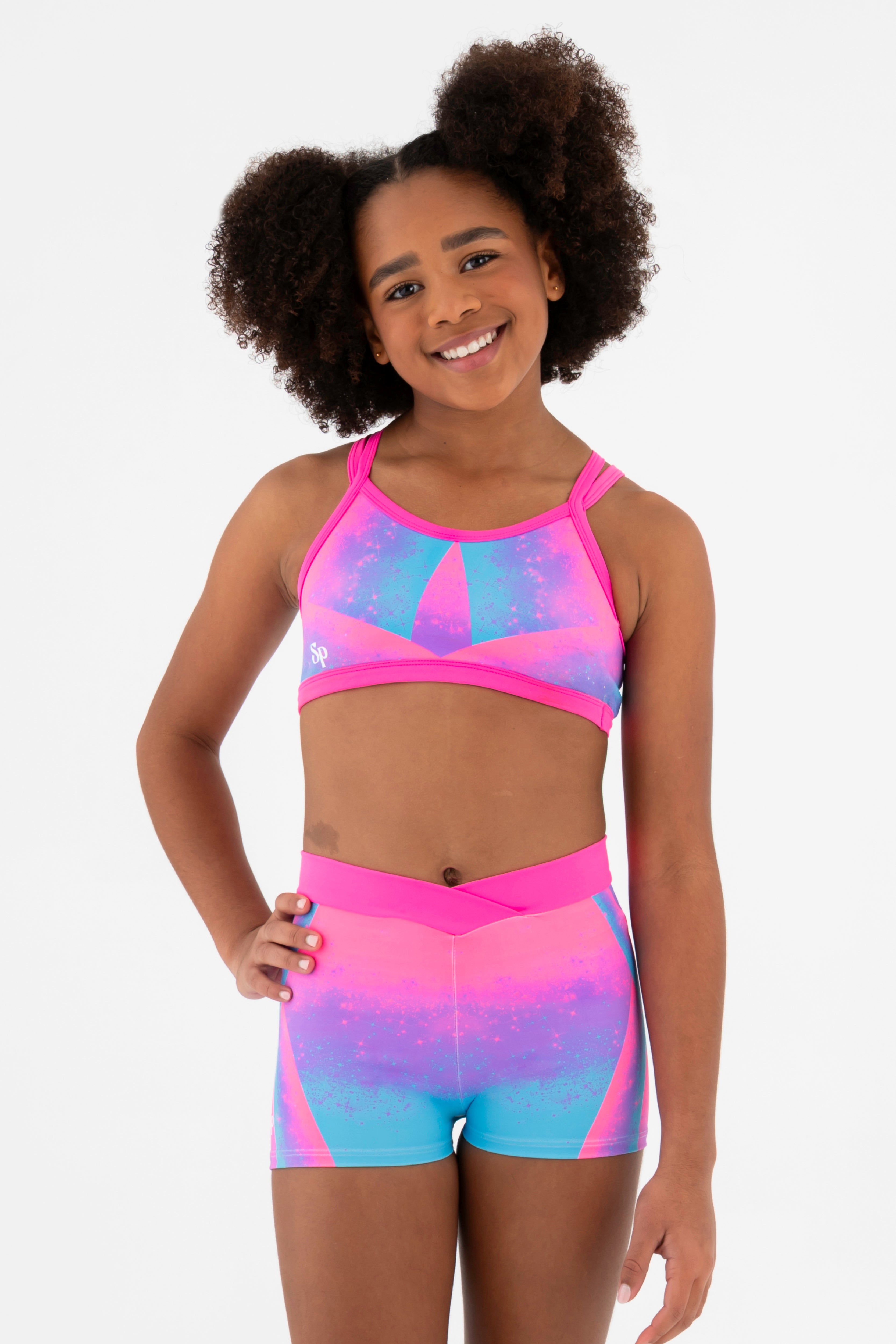 Sylvia P Cindy Rainbow Gymnastics Crop Top In Rainbow Print, Scoop Neckline and Criss Cross Straps, Front Detail View.